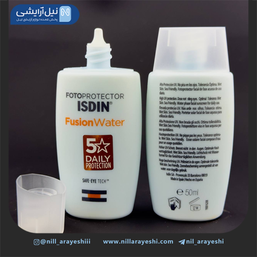 کرم ضد آفتاب بی رنگ فیوژن واتر safe eye tech ایزدین spf50