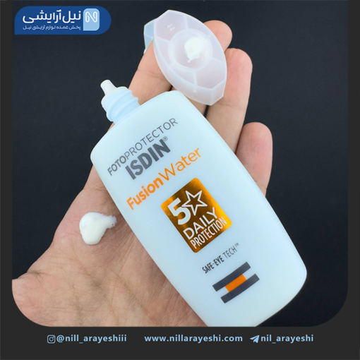 کرم ضد آفتاب بی رنگ فیوژن واتر safe eye tech ایزدین spf50