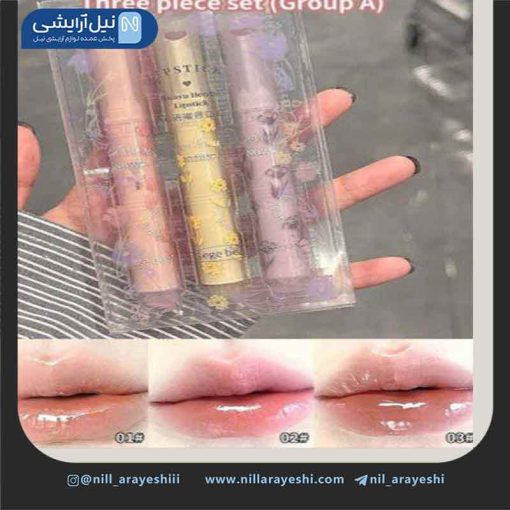 پک لیپ گلاس ( لیپ پلامپر ) خودکاری قلبی طرح گل گگ بیر سه عددی ( جعبه دار )